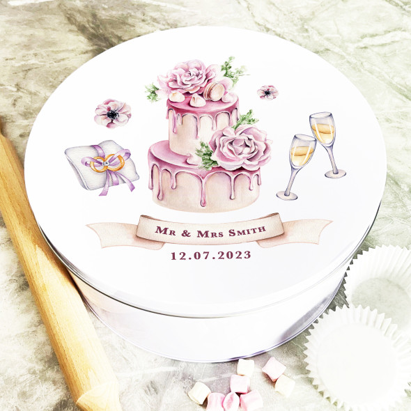 Round Wedding Day Rings Pink Personalised Cake Tin