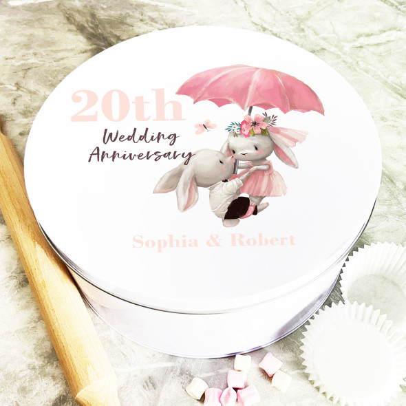 Round Bunnies Couple 20th Wedding Anniversary Personalised Cake Tin