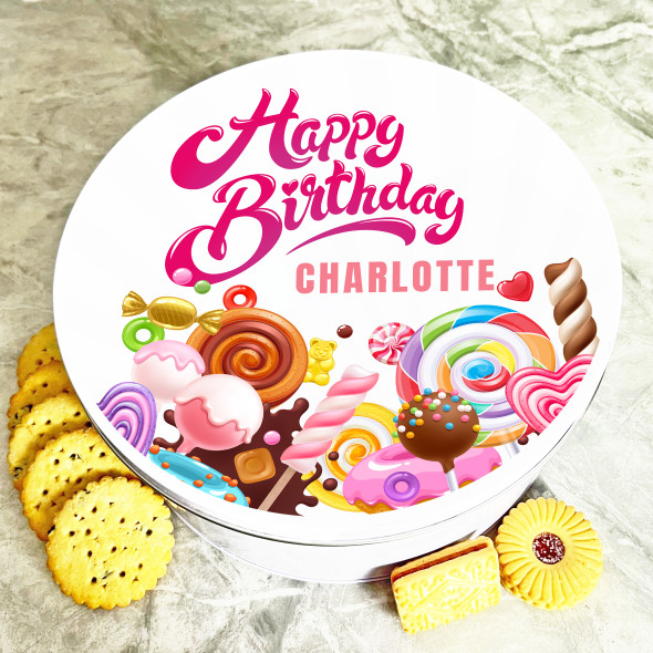 Round Colourful Candies Birthday Personalised Treat Tin