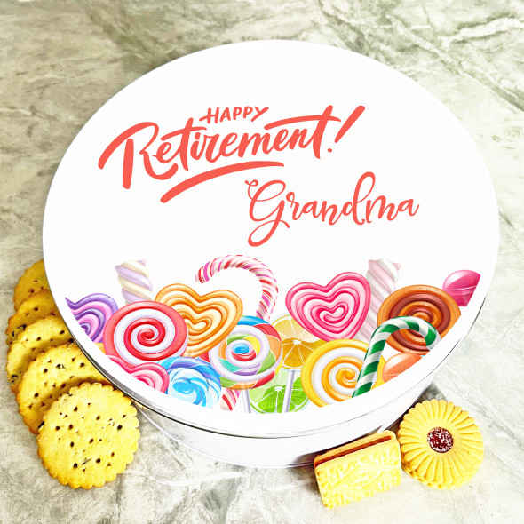 Round Colourful Candies Grandma Retirement Personalised Treat Tin