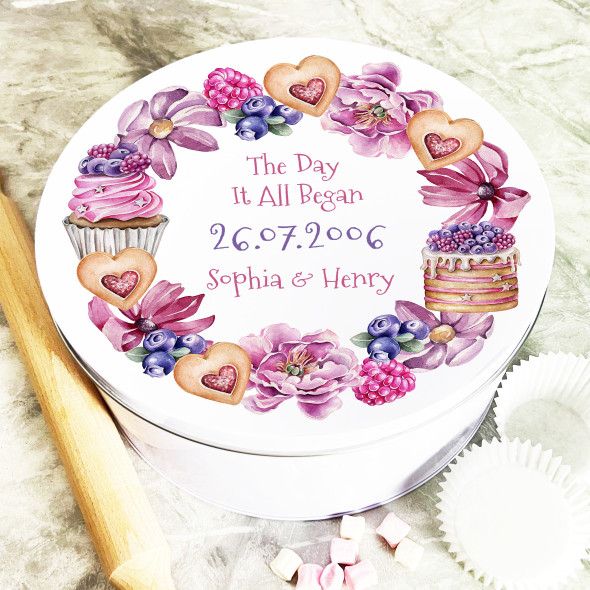 Round Cupcake Cookies Berries Anniversary Wreath Personalised Cake Tin