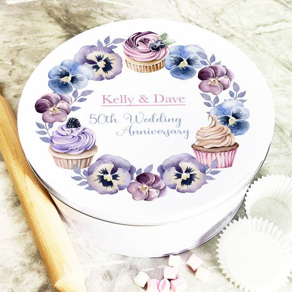 Round Cupcakes & Pansies Flowers 50th Wedding Anniversary Personalised Cake Tin