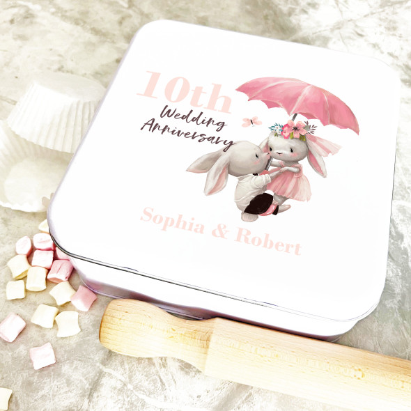 Square Couple Bunnies 10th Wedding Anniversary Personalised Cake Tin
