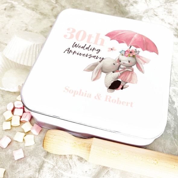 Square Couple Bunnies 30th Wedding Anniversary Personalised Cake Tin