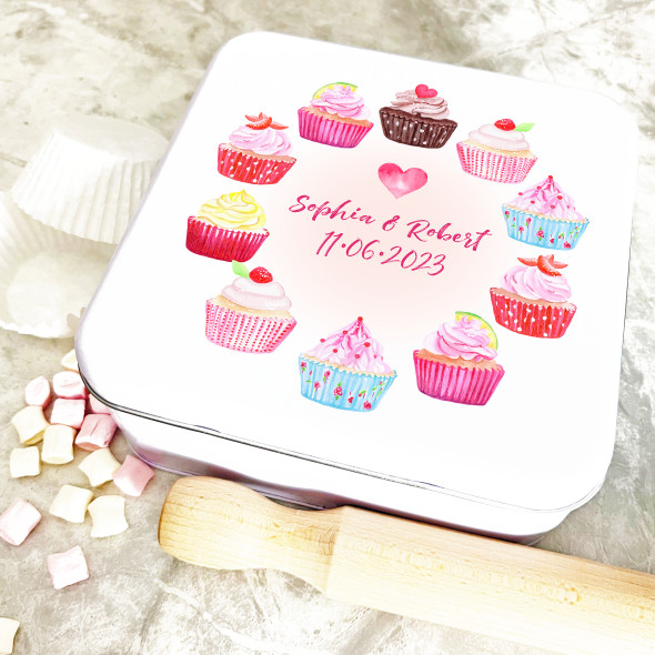 Square Cupcake Wreath Pink Anniversary Personalised Cake Tin