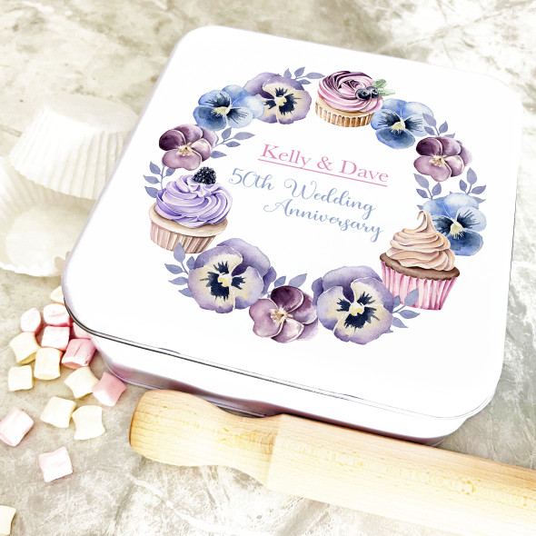 Square Cupcakes & Flowers 50th Wedding Anniversary Personalised Cake Tin