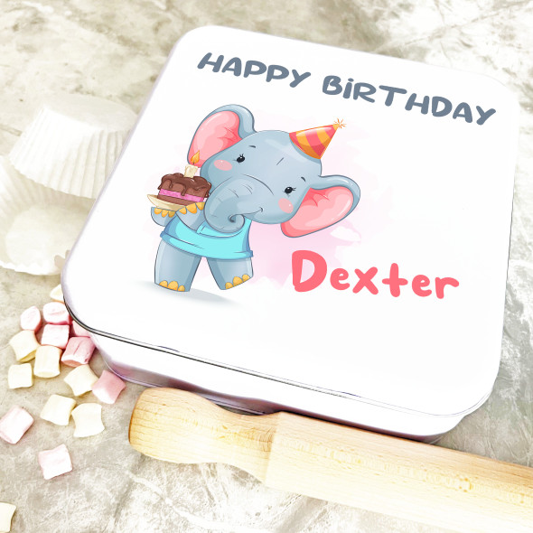 Square Cute Birthday Elephant With Cake Personalised Treat Tin