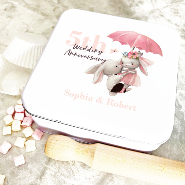 Square Cute Wedding Couple Bunnies Anniversary Personalised Treat Tin