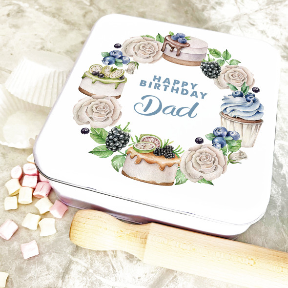 Square Dad Blue Birthday Pastry Wreath Personalised Cake Tin
