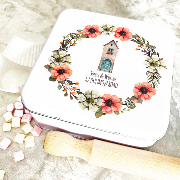 Square Floral Wreath Cute House New Home Personalised Cake Tin