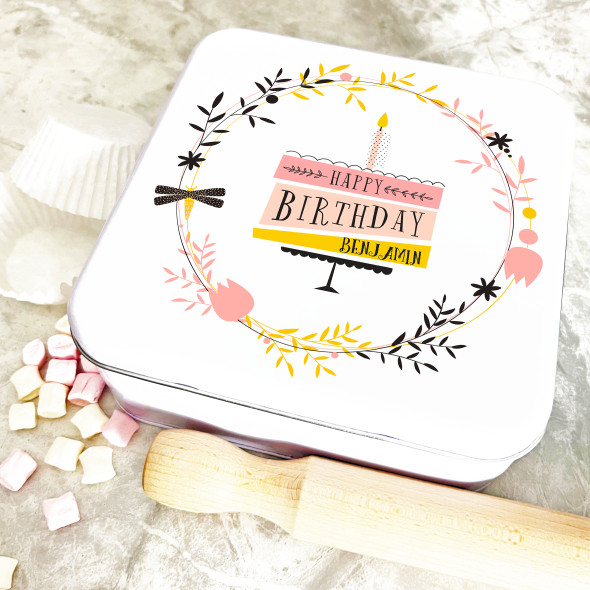 Square Happy Birthday Pink Yellow Black Personalised Cake Tin