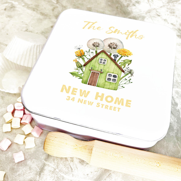 Square Little Green House New Home Personalised Cake Tin