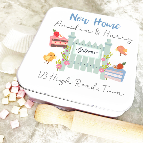 Square New Home Cake Garden Gate Personalised Treat Tin