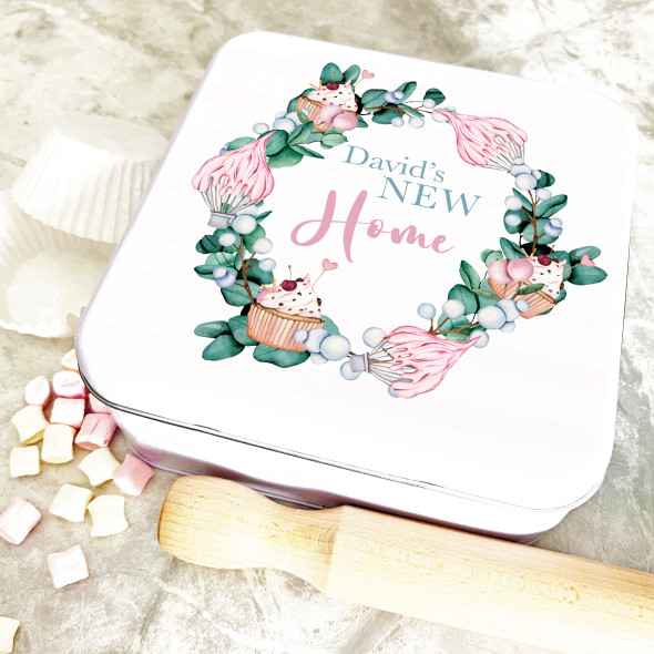 Square New Home Pink Wreath Cupcakes Personalised Cake Tin