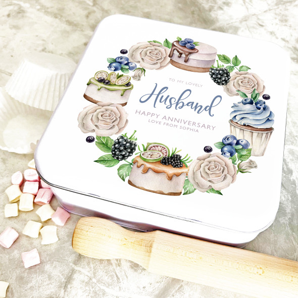 Square Pastry Cakes Wreath Blue Husband Anniversary Personalised Cake Tin