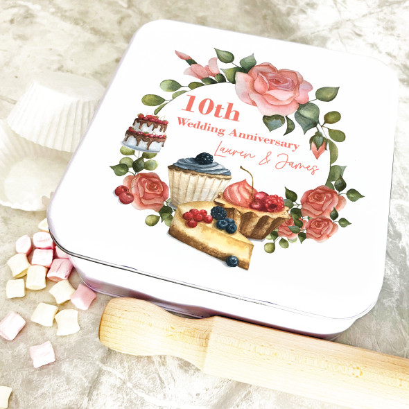 Square Pastry Floral 10th Wedding Anniversary Personalised Cake Tin