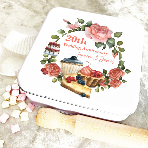 Square Pastry Floral 20th Wedding Anniversary Personalised Cake Tin