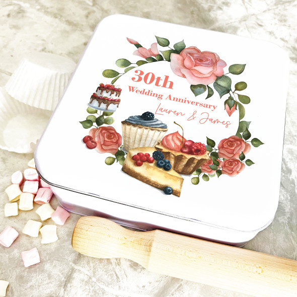 Square Pastry Floral 30th Wedding Anniversary Personalised Cake Tin