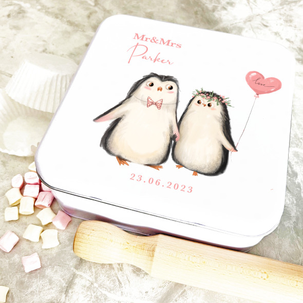 Square Penguins Wedding Day Couple Hearts Personalised Treat Tin