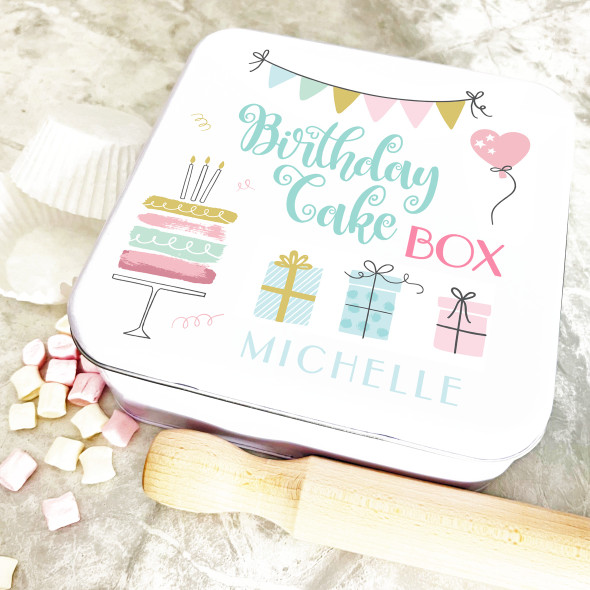 Square Birthday Box Presents Pastel Personalised Cake Tin