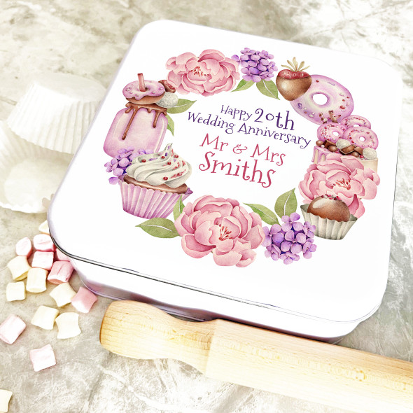 Square Pink Floral Wreath 20th Wedding Anniversary Personalised Cake Tin