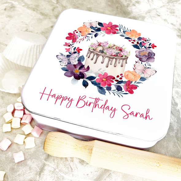 Square Birthday Pink Purple Butterfly Personalised Cake Tin