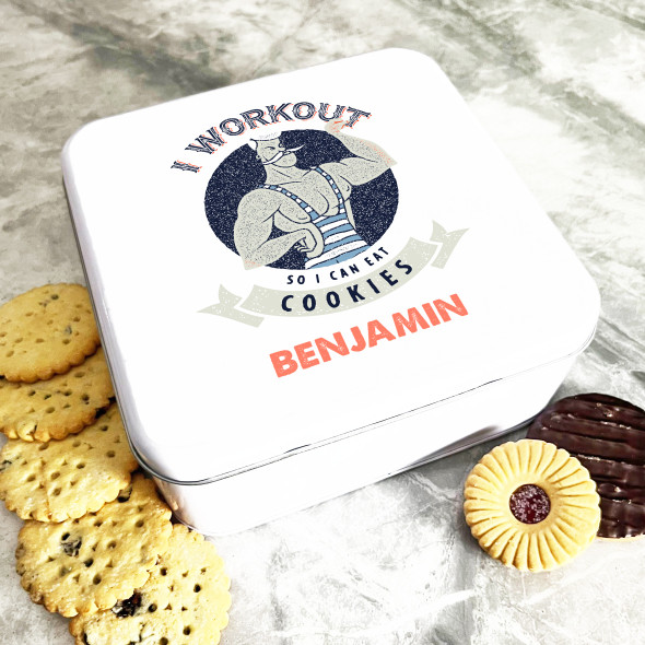 Square Vintage Workout To Eat Cookies Personalised Biscuit Tin