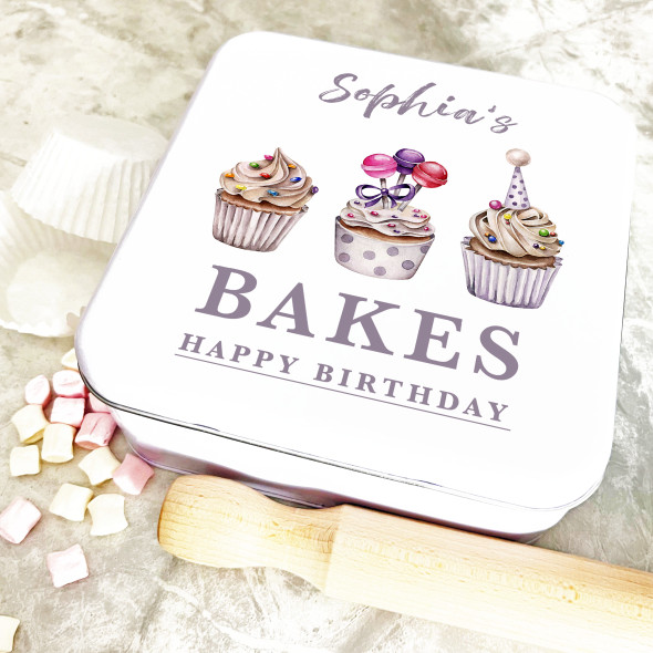 Square Watercolour Bakes Birthday Cupcakes Personalised Cake Tin