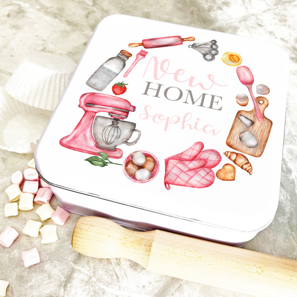Square Watercolour Baking Wreath New Home Pink Personalised Cake Tin