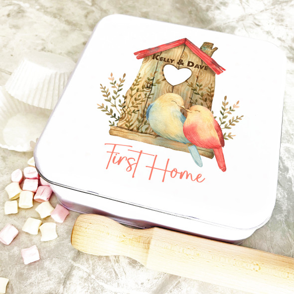 Square Watercolour Bird Nest Box First Home Personalised Treat Tin