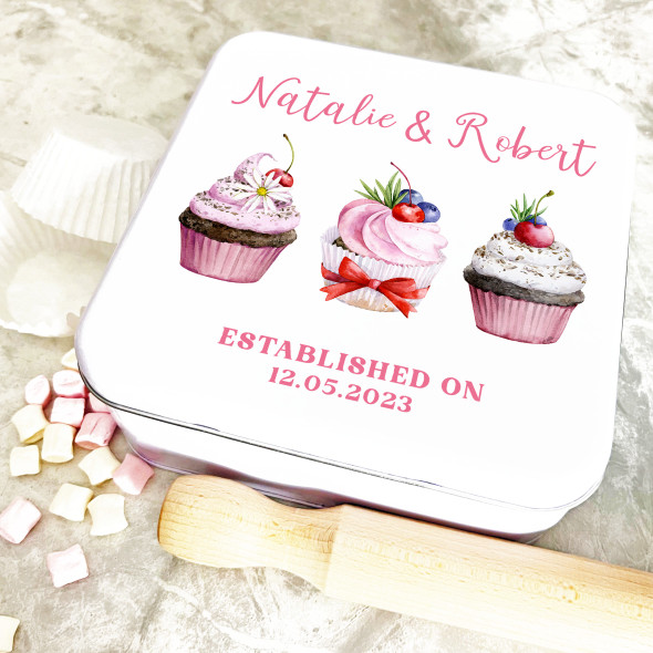 Square Watercolour Cupcakes Pink Wedding Date Personalised Cake Tin