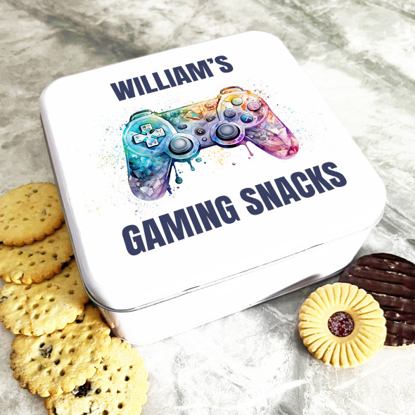 Square Watercolour Gaming Snacks Controller Personalised Treat Tin