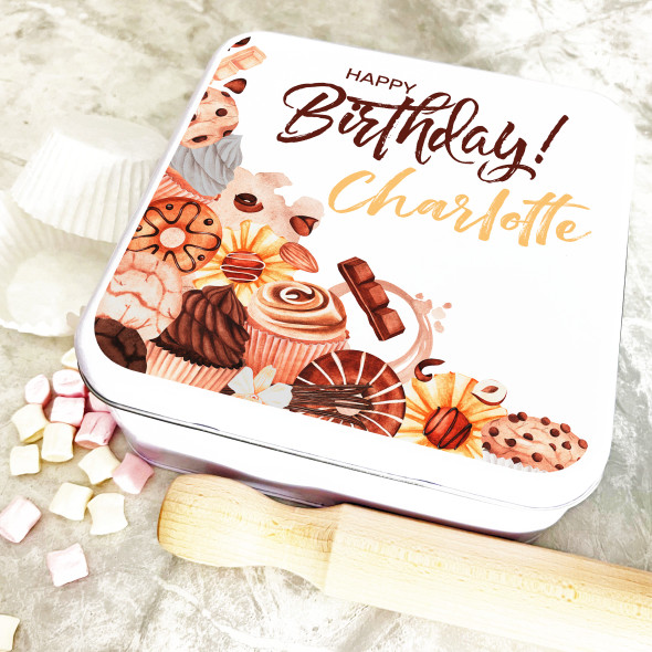 Square Watercolour Pastry Birthday Personalised Cake Tin
