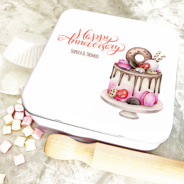 Square Watercolour Treats Happy Anniversary Personalised Cake Tin