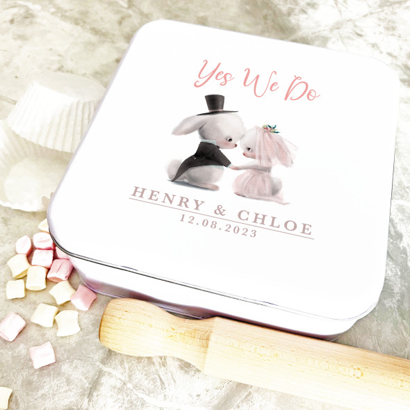 Square Wedding Bride Groom Bunnies We Do Personalised Treat Tin