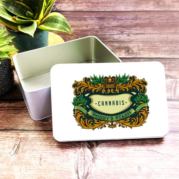 Gold & Green Frame Crown Cannabis Weed Personalised Stash Tin
