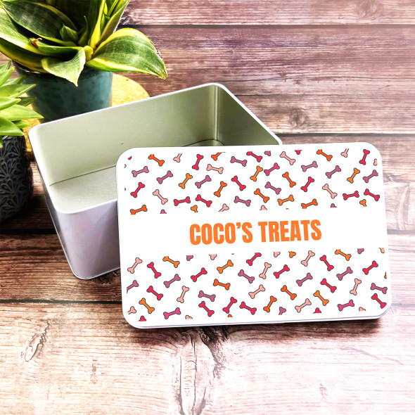 Colourful Dog Bone Pattern Rectangle Personalised Dog Biscuit Treat Tin