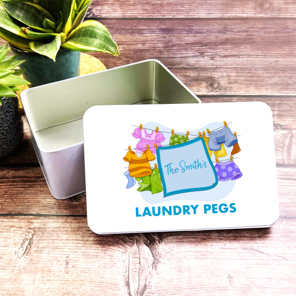 Colourful Hanging Clothes Laundry Rectangle Personalised Peg Tin