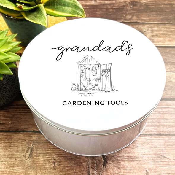 Round Garden Shed Black Line Drawing Personalised Gardening Tools Tin