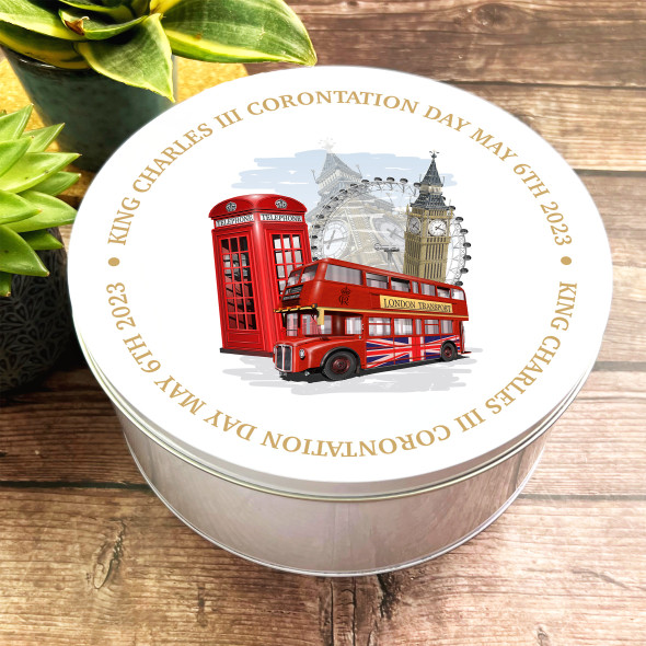 Round Big Ben Red Bus London King Charles III Coronation Souvenir Tin