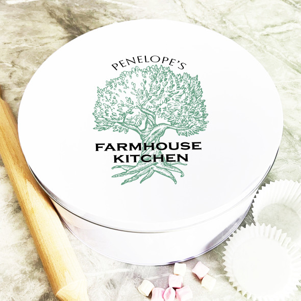 Round Green Tree Farmhouse Personalised Kitchen Storage Tin