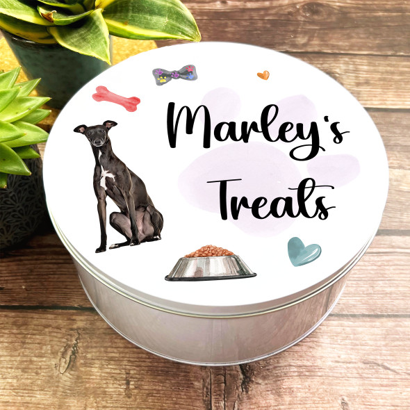 Round Greyhound Personalised Dog Biscuit Treat Tin