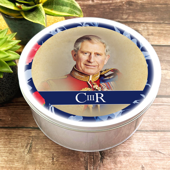 Round King Charles Photo Blue Red Cr King Charles III Coronation Souvenir Tin