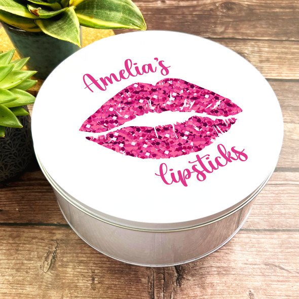 Round Makeup Beauty Box Pink Glitter Lips Personalised Lipstick Storage Tin