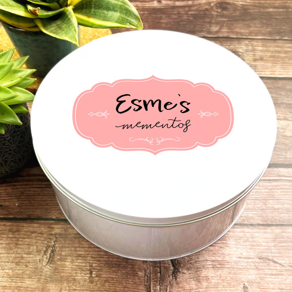 Round Pink Label Simple Minimal Stuff Personalised Storage Mementos Tin