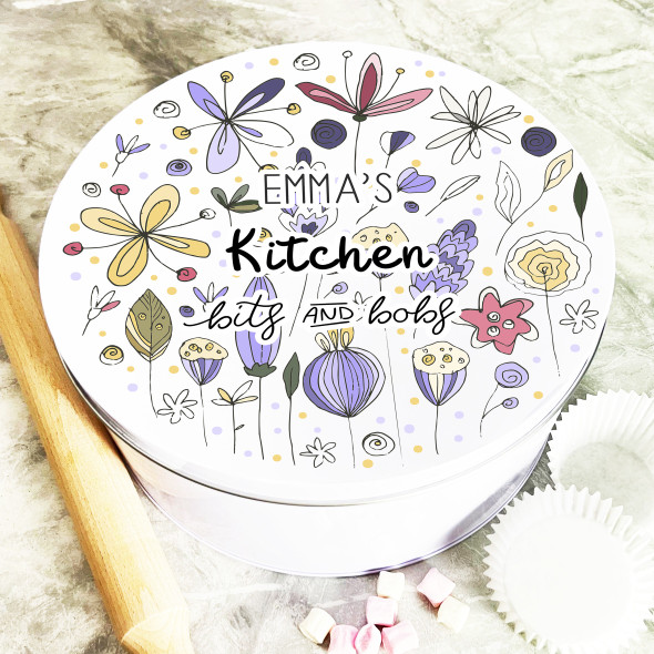 Round Purple Yellow Ditsy Floral Personalised Kitchen Bits & Bobs Tin