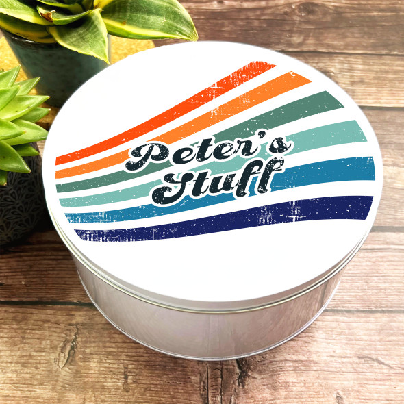 Round Rainbow Retro Stripes Personalised Stuff Storage Tin