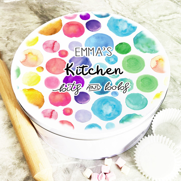 Round Rainbow Spots Watercolour Personalised Kitchen Bits & Bobs Storage Tin