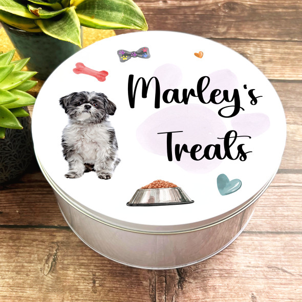 Round Personalised Lhasa Apso Dog Biscuit Treat Tin