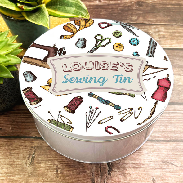 Round Vintage Antique Sewing Tools Pattern Personalised Sewing Tin